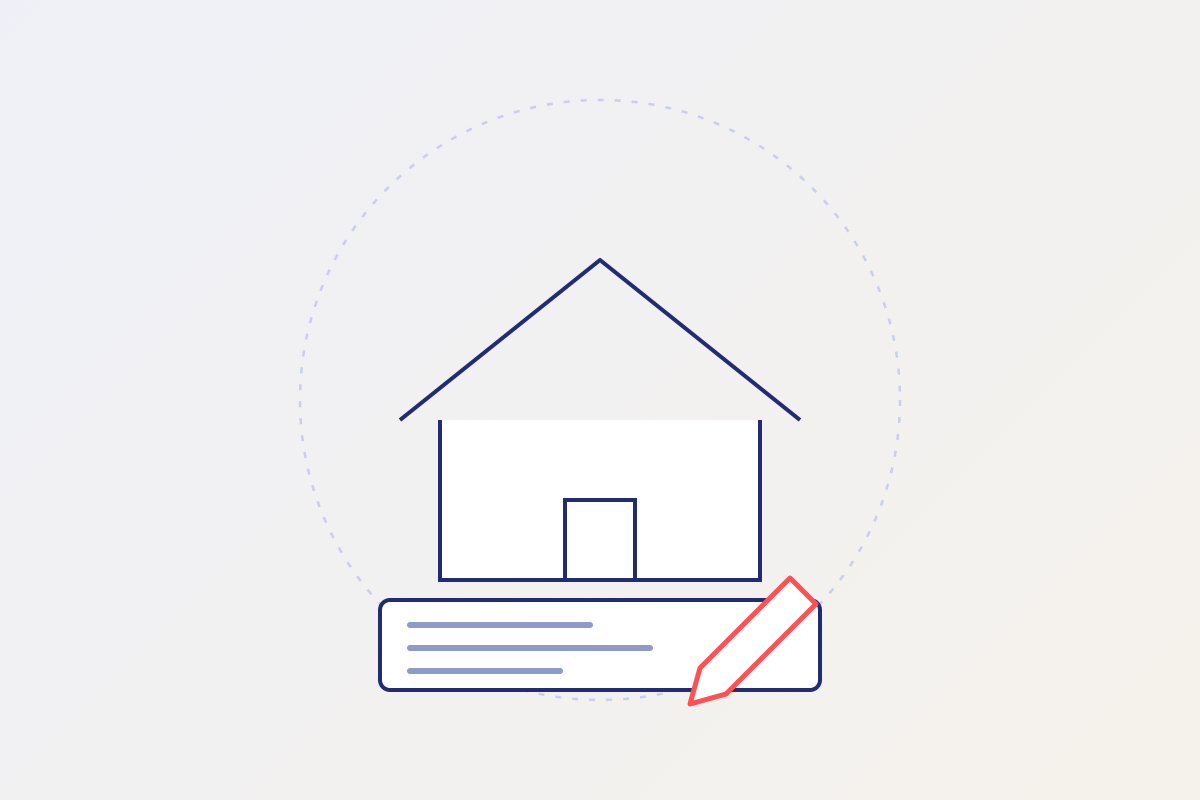 Line-art house standing on a foundation of written lines, red pencil beside it