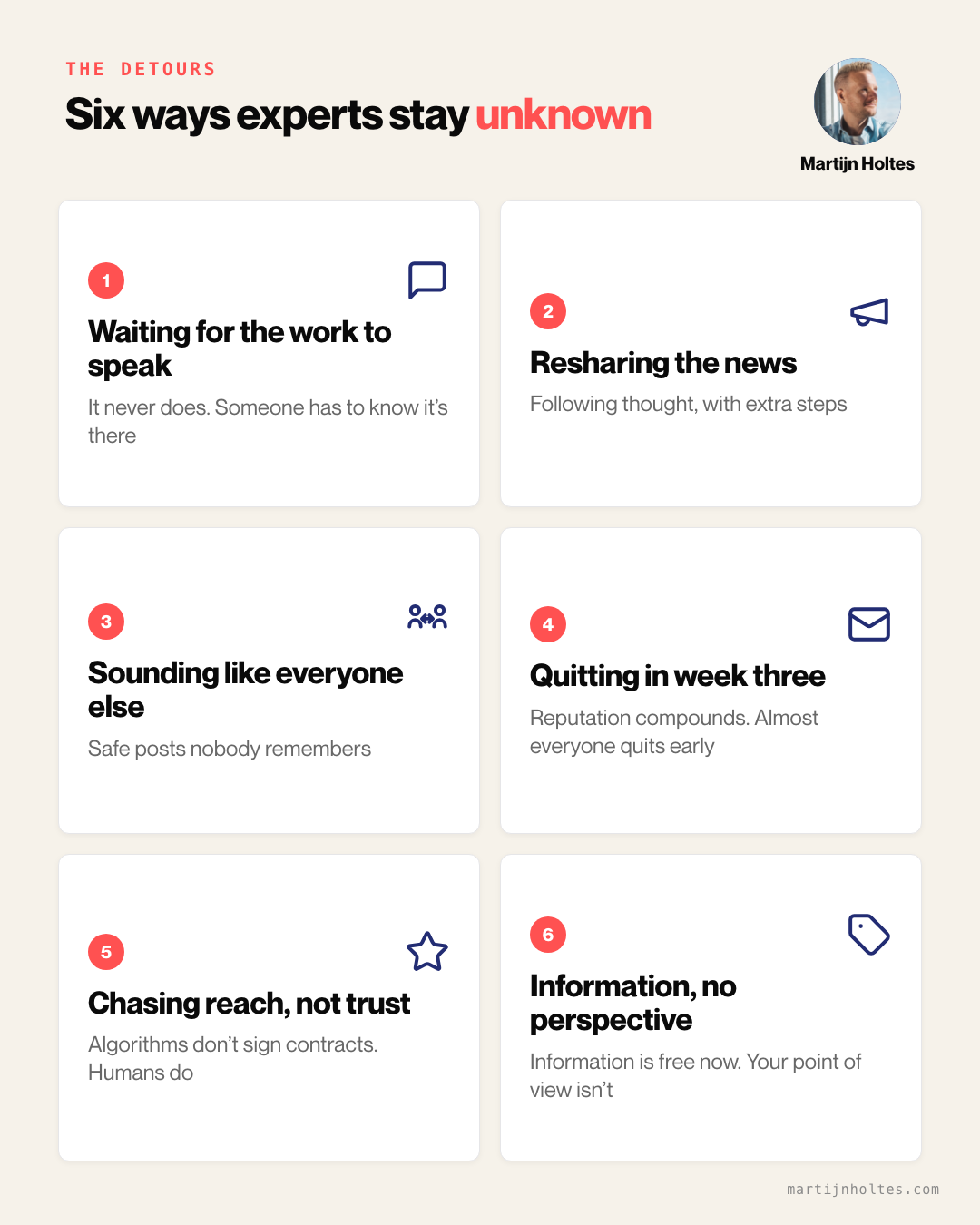 Grid of six mistakes that keep skilled professionals unknown, from waiting for the work to speak for itself to sharing information instead of perspective