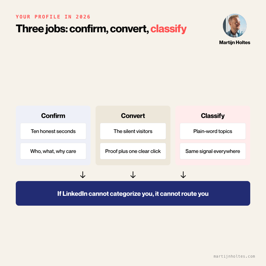 Your LinkedIn profile now has three jobs: confirm the topic, convert silent visitors, classify you for the algorithm