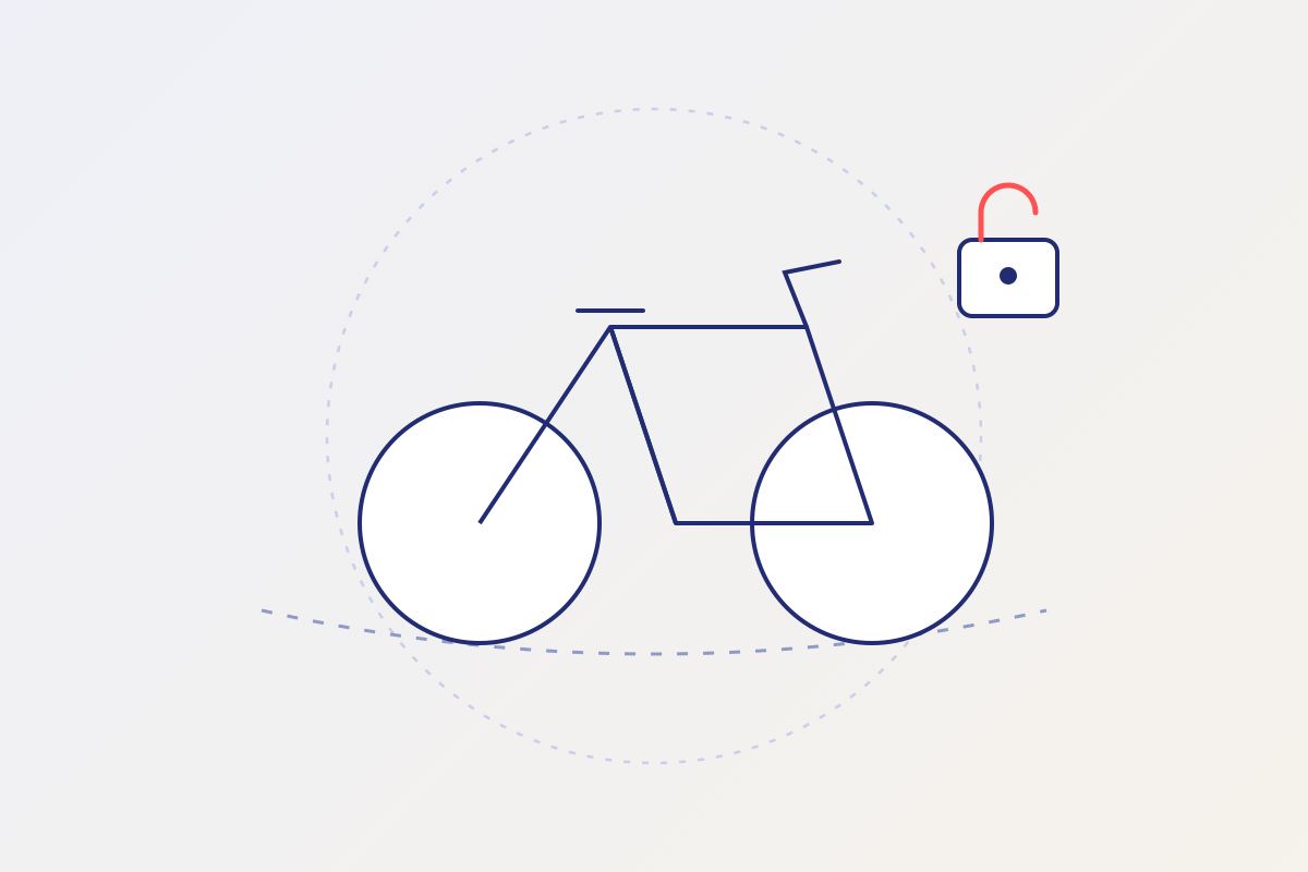 Line-art bicycle with an open padlock and a dashed track