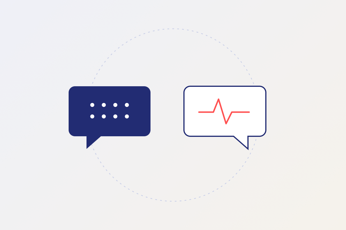 Two speech bubbles: one filled with dots, one with a heartbeat line