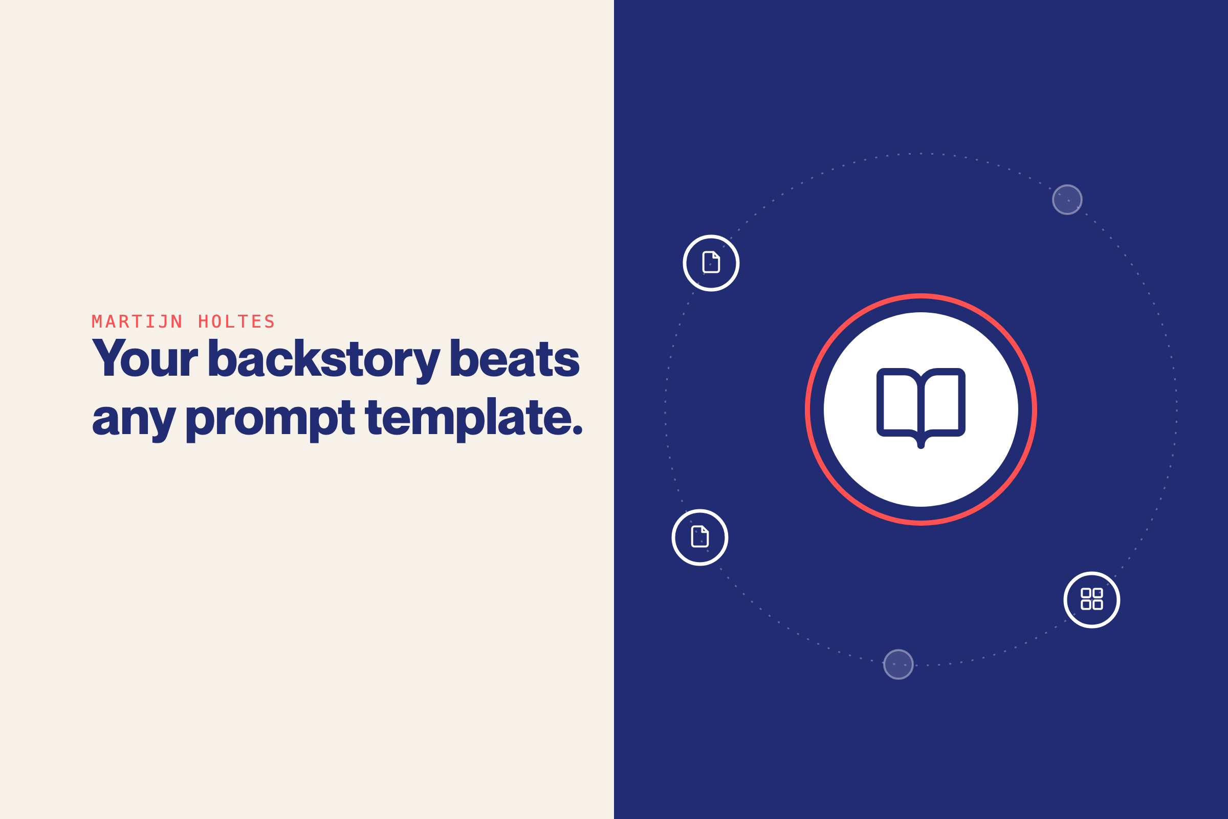 Article title Your backstory beats any prompt template beside a navy panel with a coral-ringed book orbited by small template icons