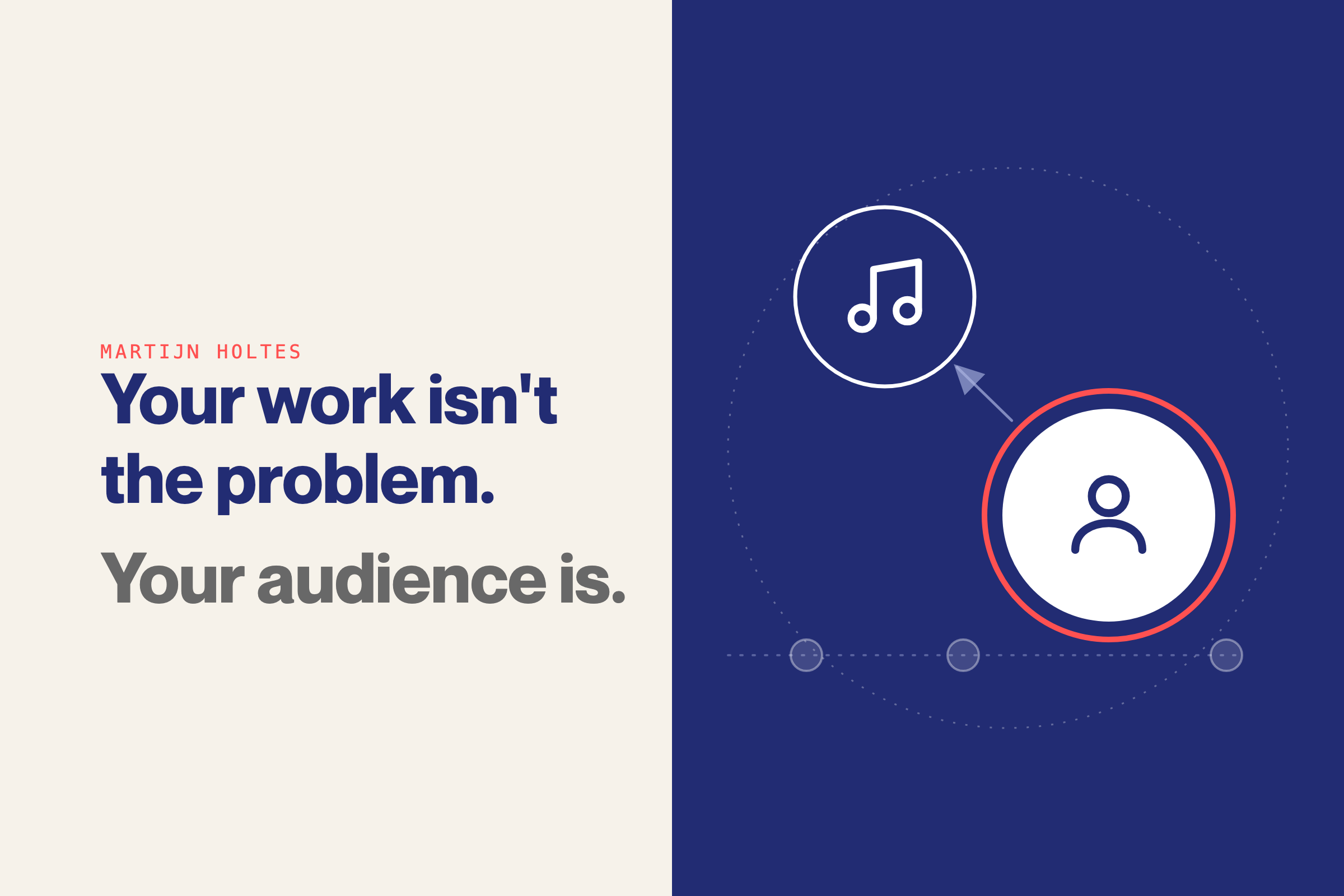 Split image: the article title Your work isn't the problem, your audience is, and on a navy panel a music note circle with a stream of faded contacts passing by while one person circled in coral stops and connects to the music